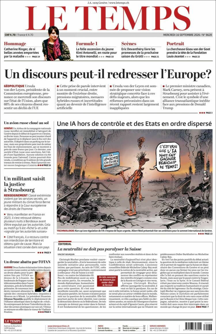 Portada de Le Matin (Suiza)