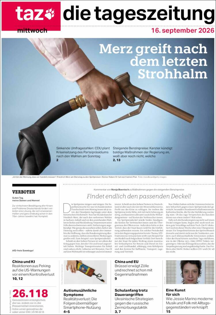 Portada de Die Tageszeitung (Alemania)