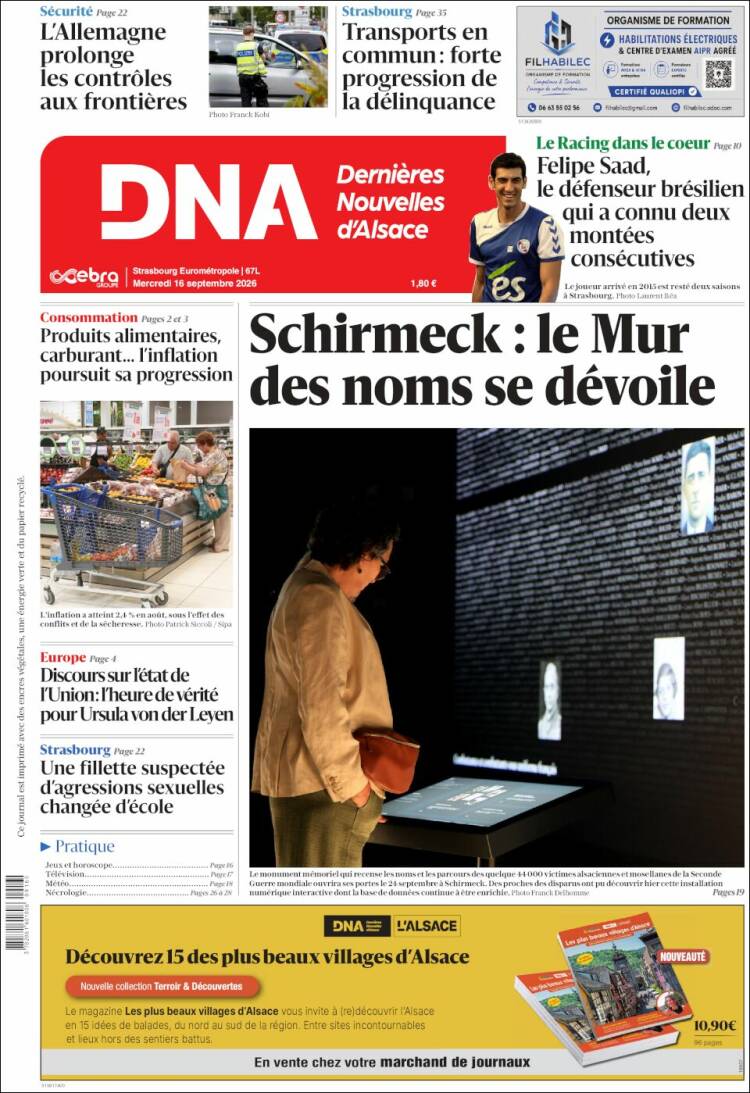 Portada de Les Dernières Nouvelles d'Alsace (Francia)