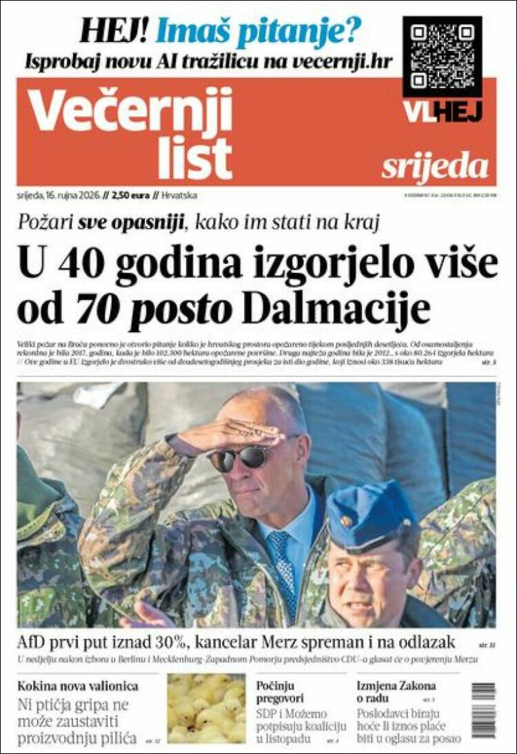 Portada de Večernji (Croacia)