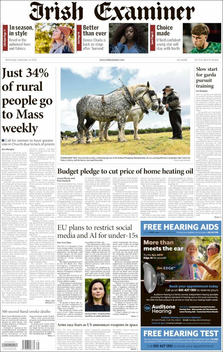 Portada de Irish Examiner (Irlanda)