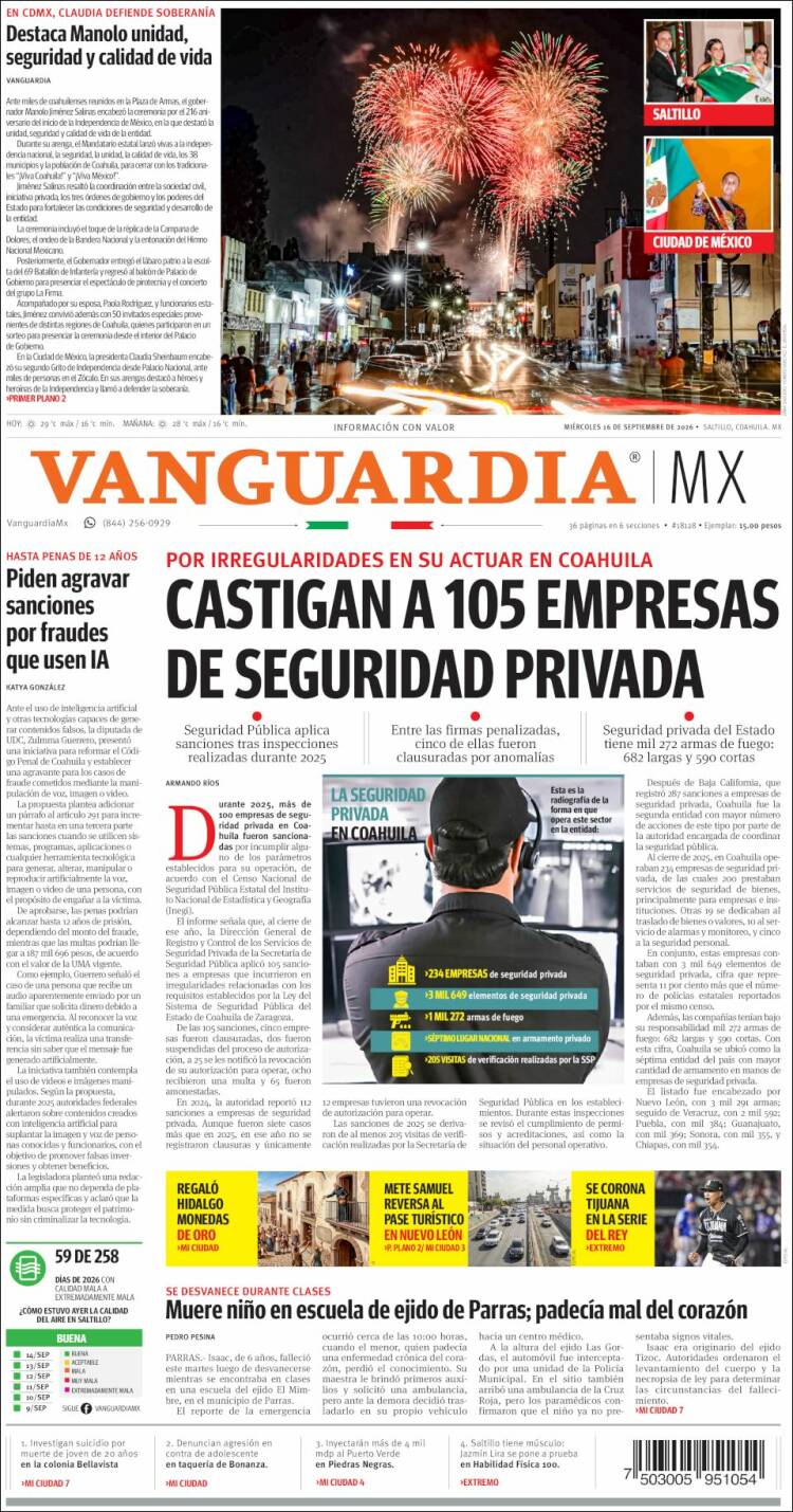 Portada de Vanguardia (M&eacute;xico)