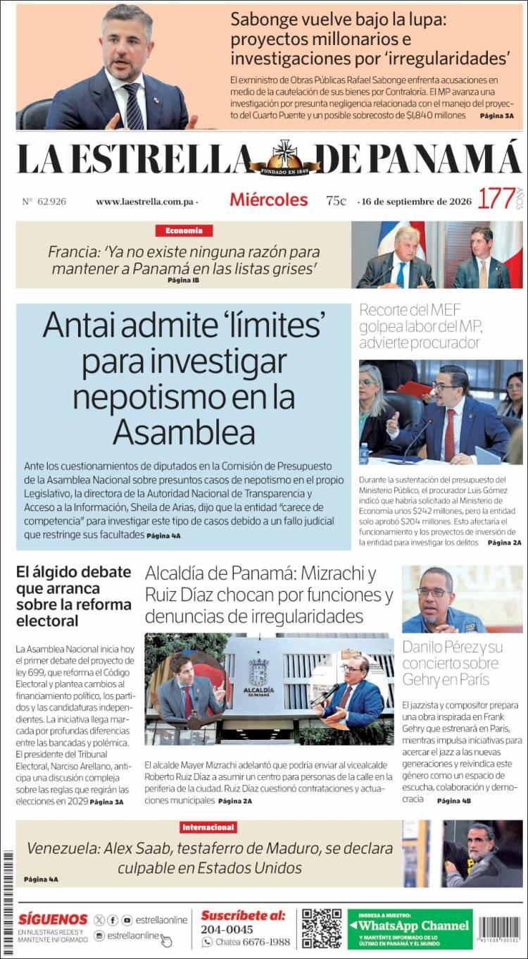 Portada de La Estrella de Panamá (Panam&aacute;)