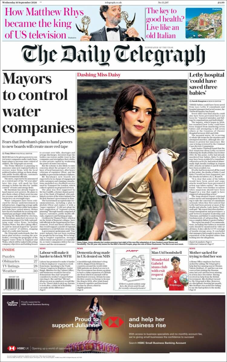 Portada de Daily Telegraph (Royaume-Uni)
