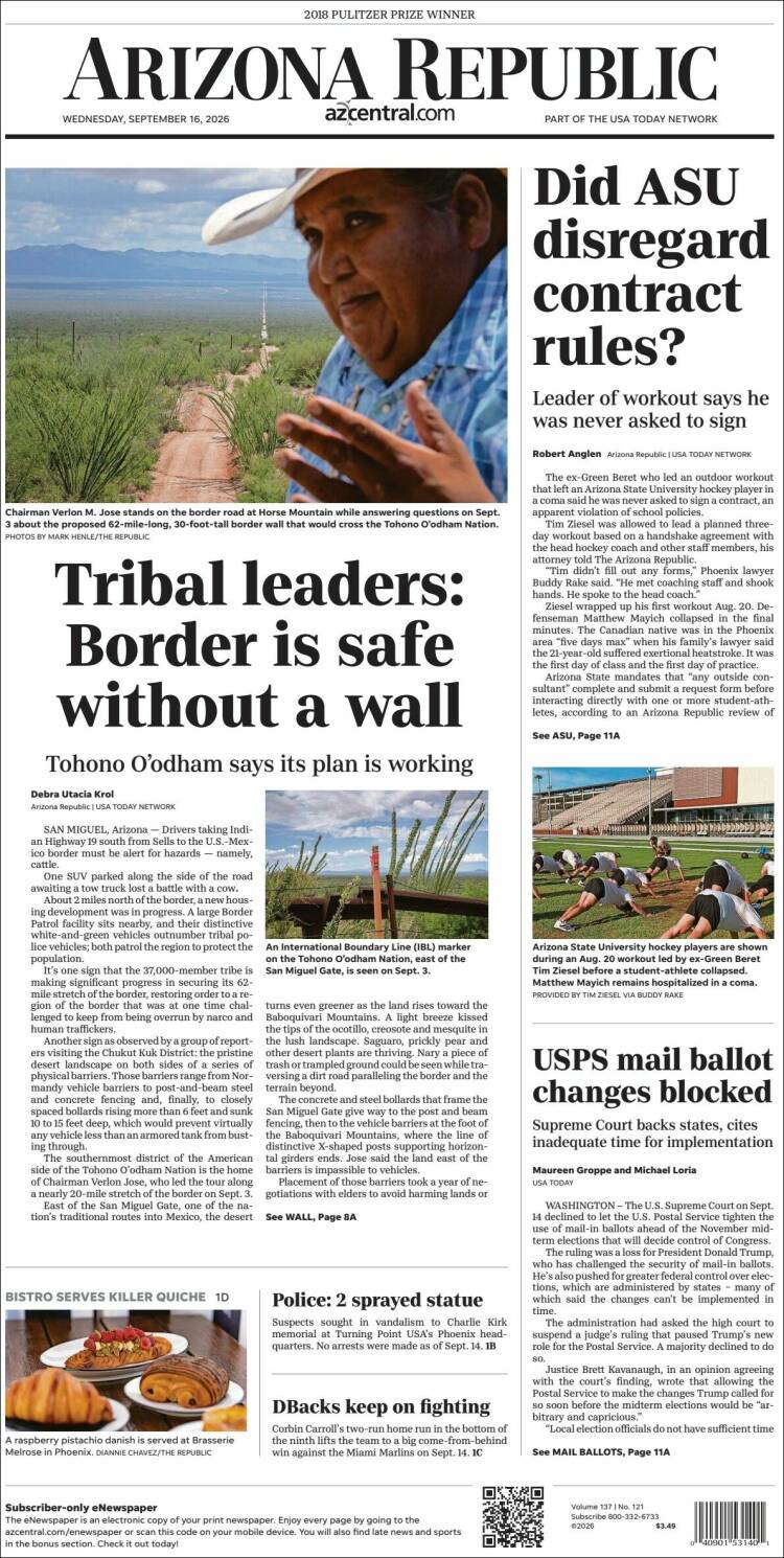 Portada de Arizona Republic News (USA)