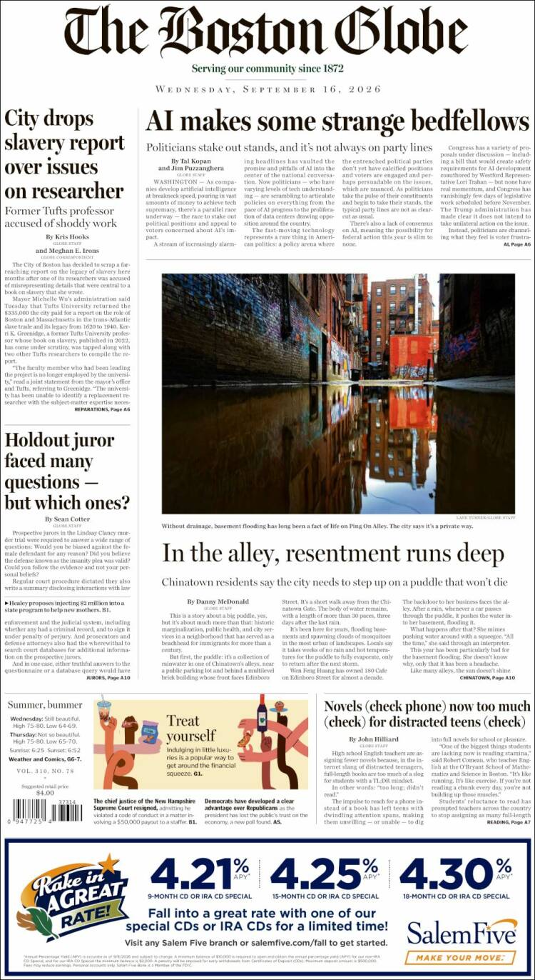 Portada de Boston Globe (USA)