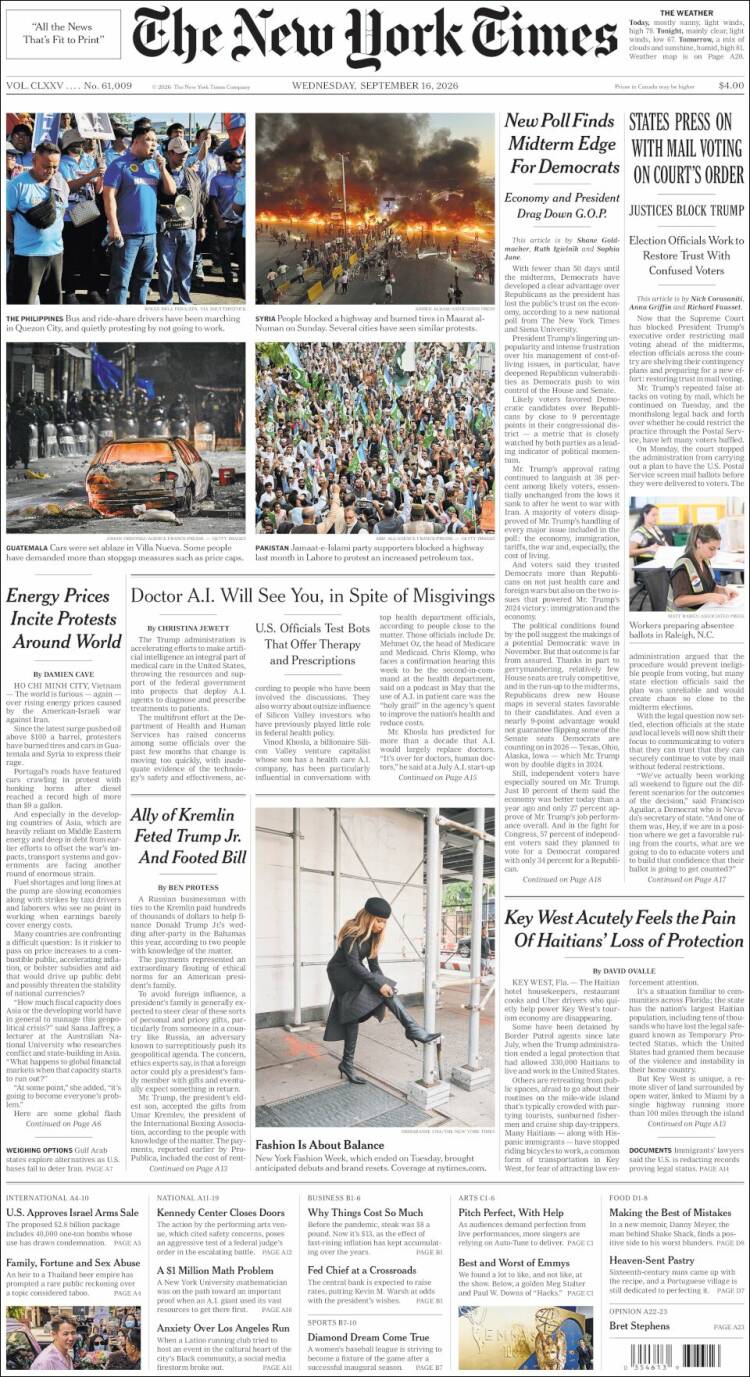 Portada de New York Times (USA)