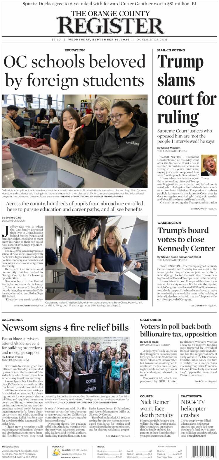 Portada de The Orange County Register (USA)