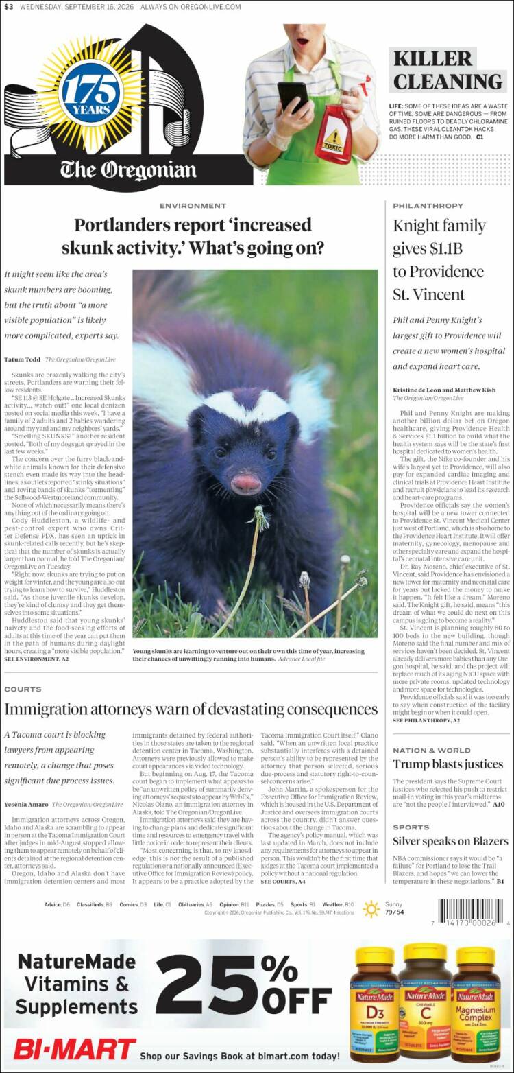 Portada de The Oregonian (USA)