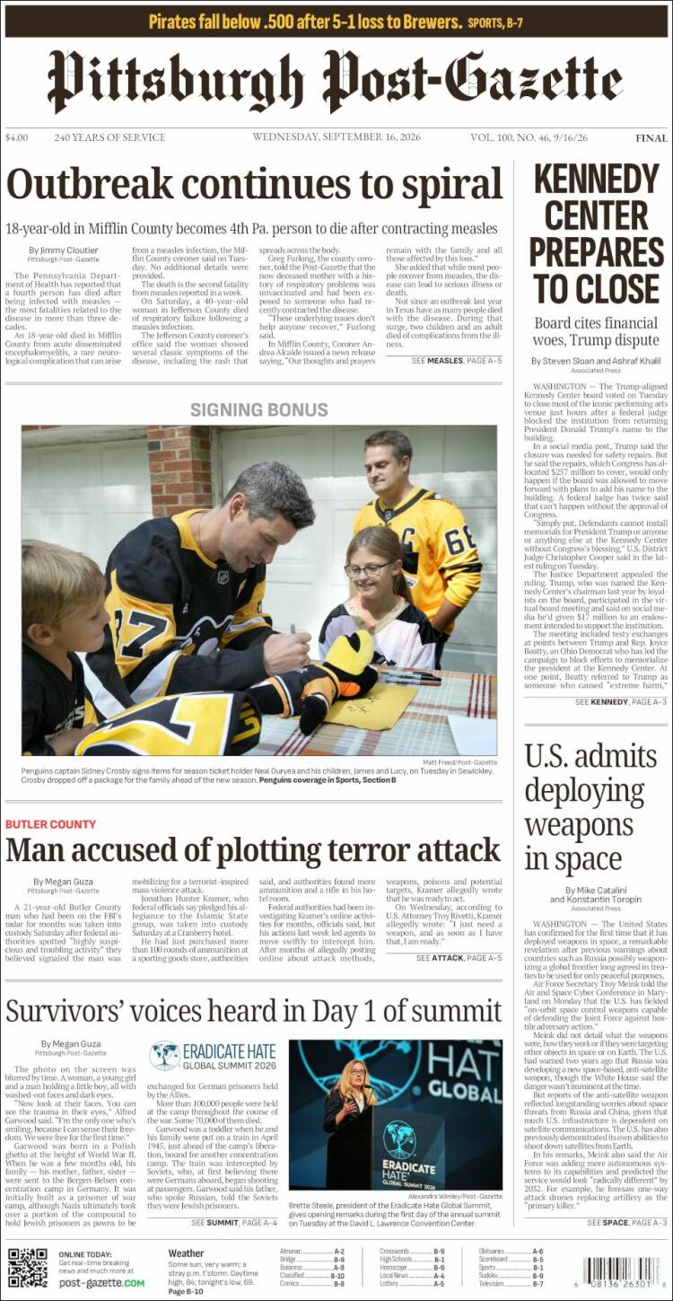 Portada de Pittsburgh Post-Gazette (USA)