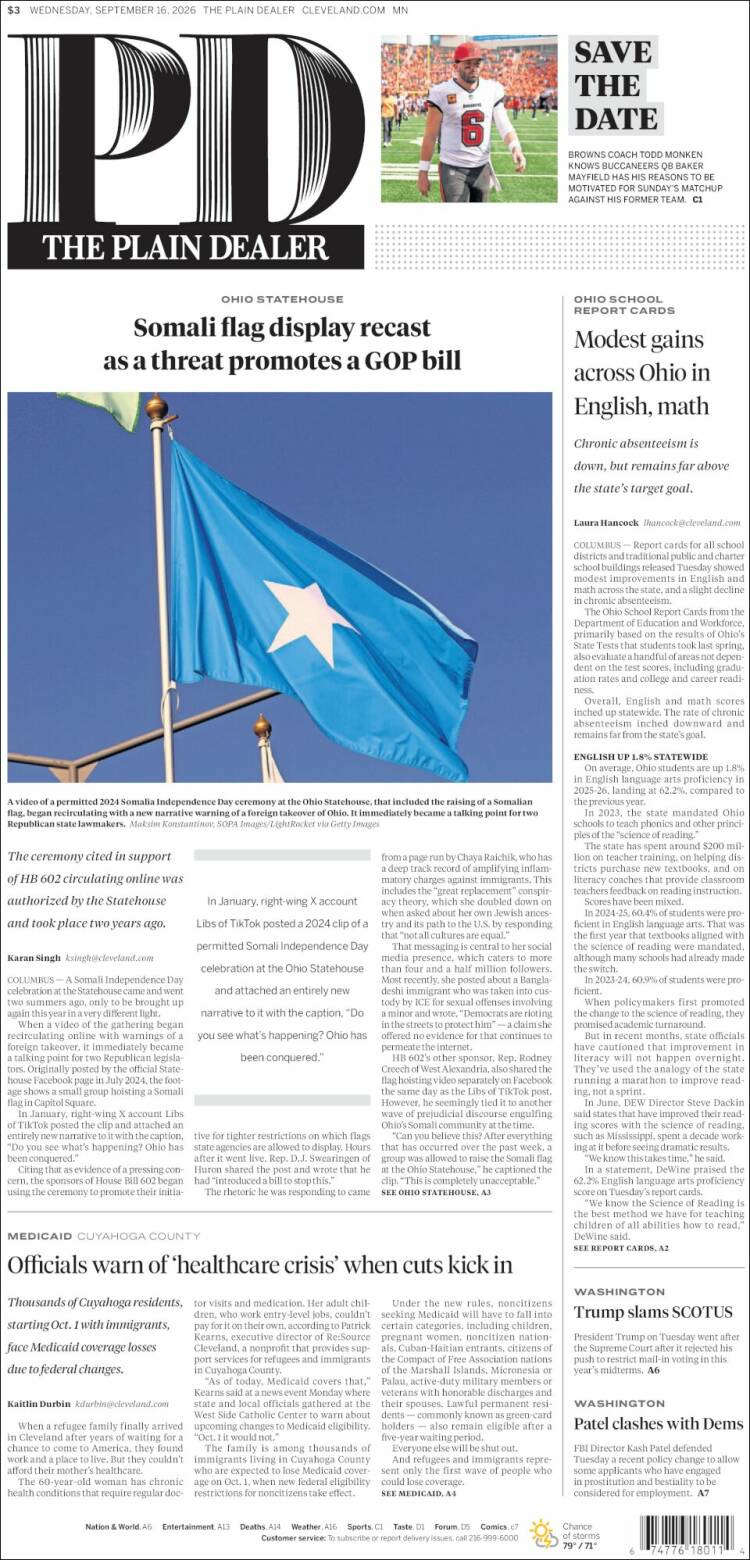 Portada de The Plain Dealer (&Eacute;tats-Unis)