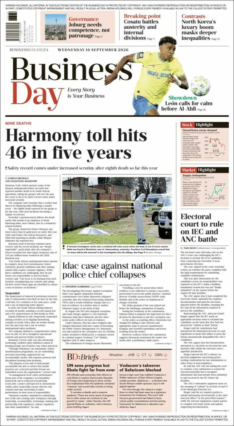 Portada de Business Day (Sud&aacute;frica)