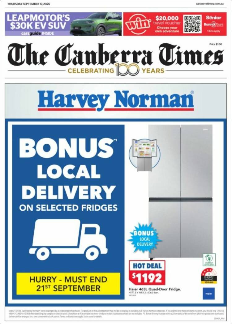Portada de The Canberra Times (Australia)