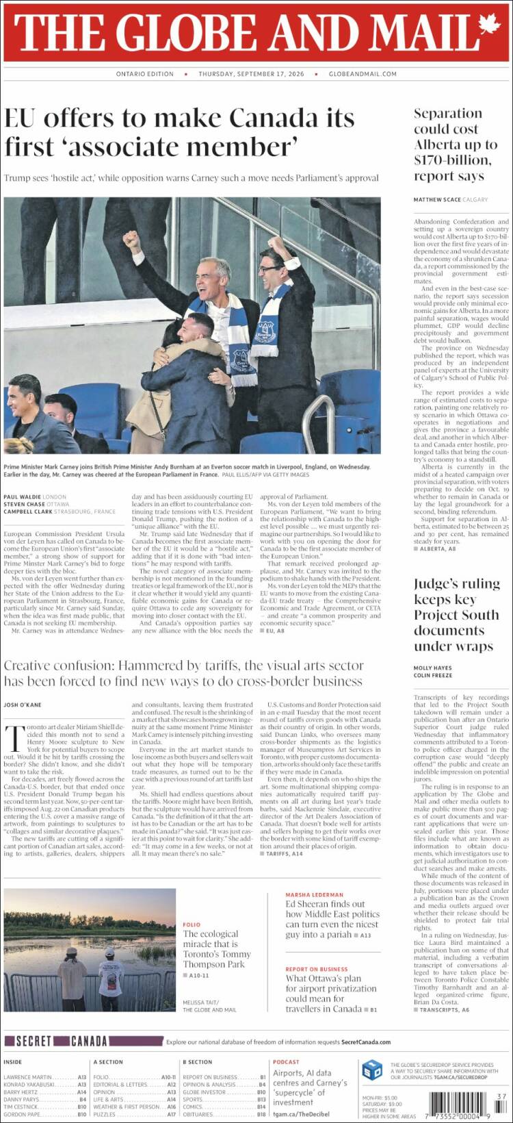 Portada de The Globe and Mail (Canad&aacute;)