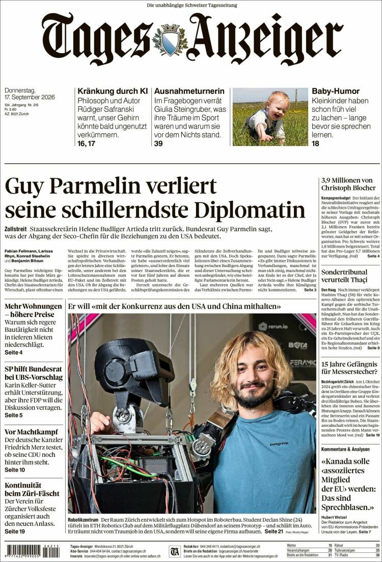 Portada de Tages-Anzeiger (Suiza)