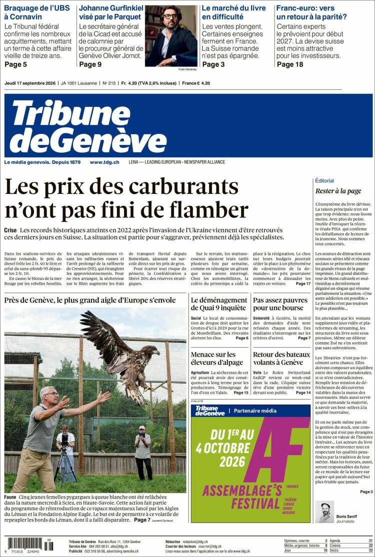 Portada de La Tribune de Genève (Suiza)