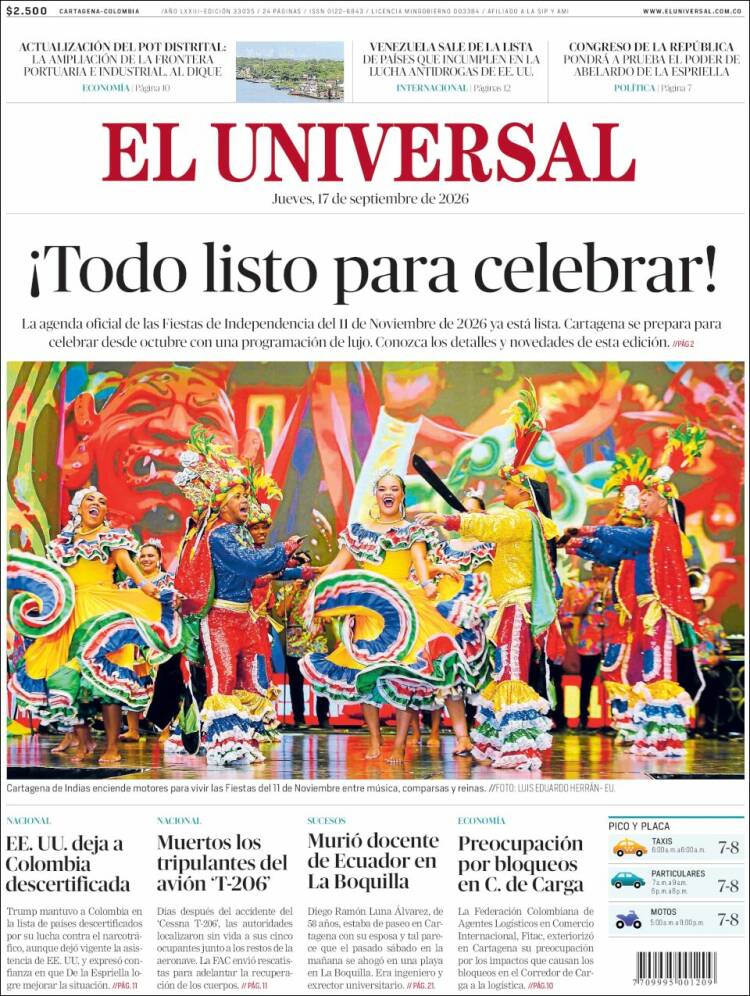Portada de El Universal (Colombia)