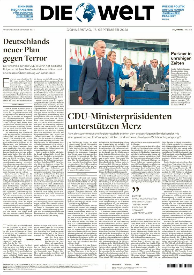 Portada de Die Welt (Alemania)