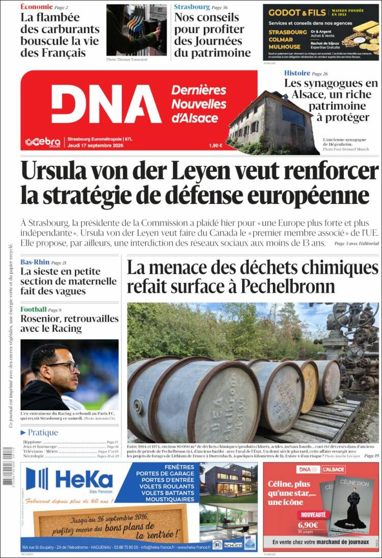 Portada de Les Dernières Nouvelles d'Alsace (Francia)