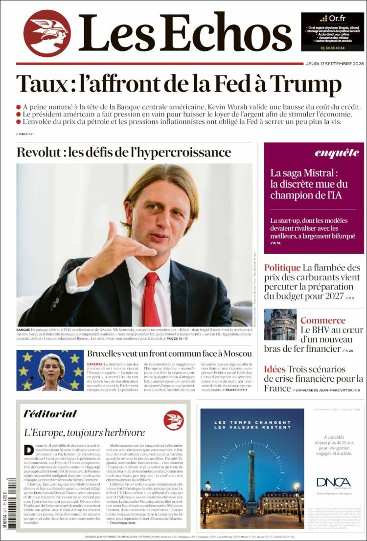 Portada de Les Echos (Francia)