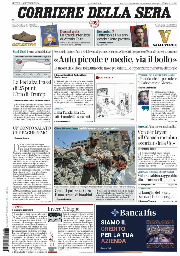 Portada de Corriere della Sera (Italia)