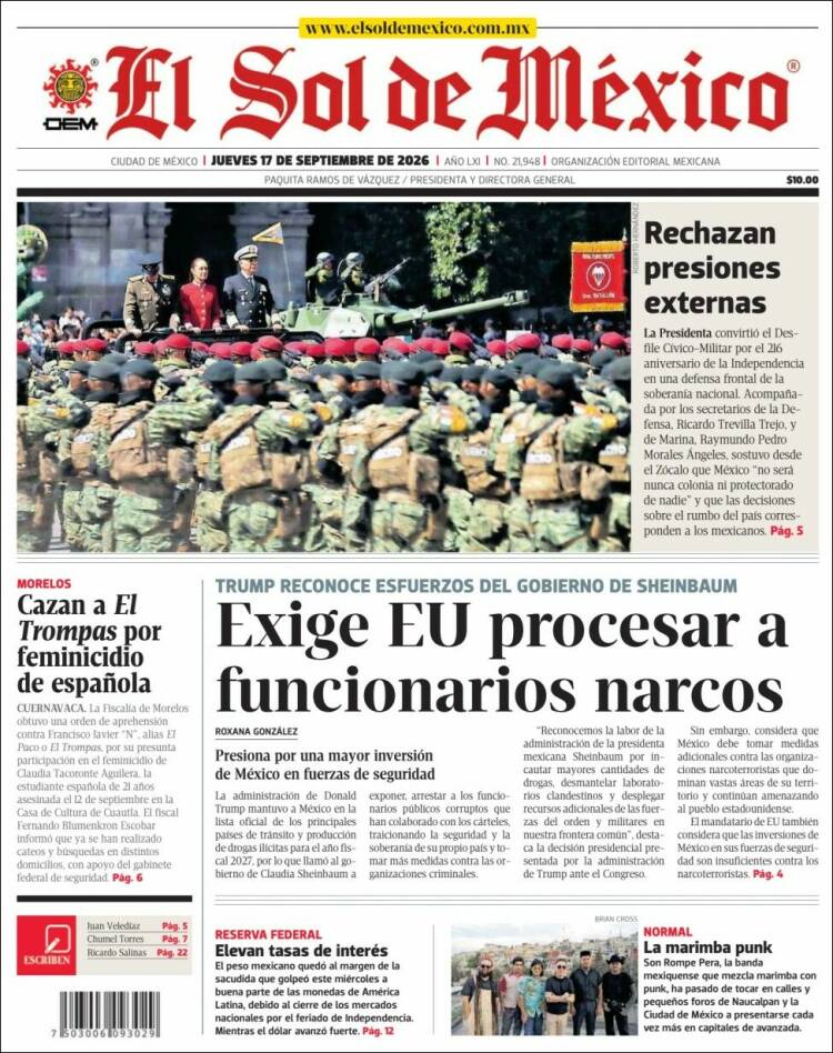 Portada de El Sol de México (Mexique)