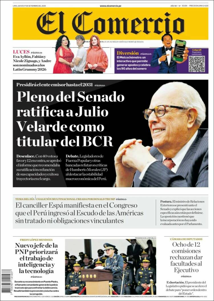Portada de El Comercio (Per&uacute;)