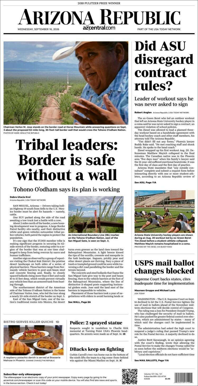 Portada de Arizona Republic News (USA)