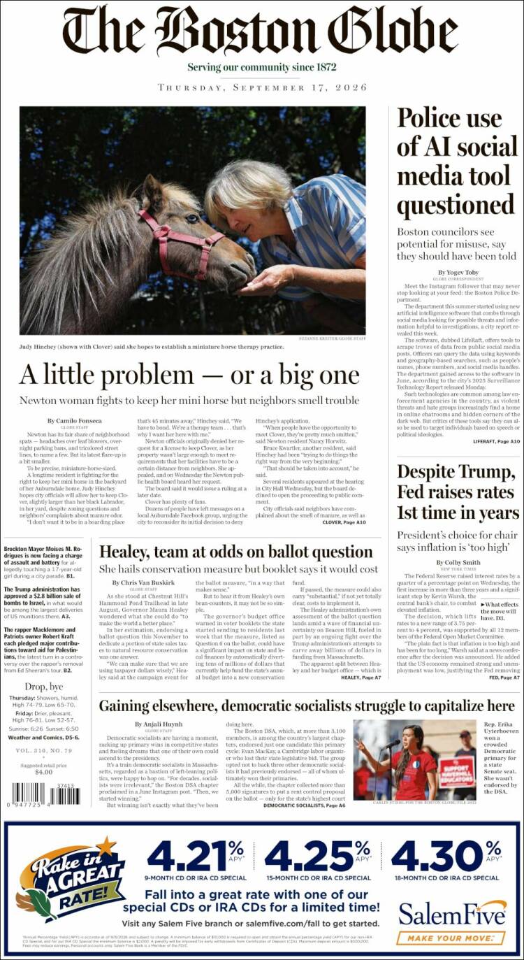 Portada de Boston Globe (USA)