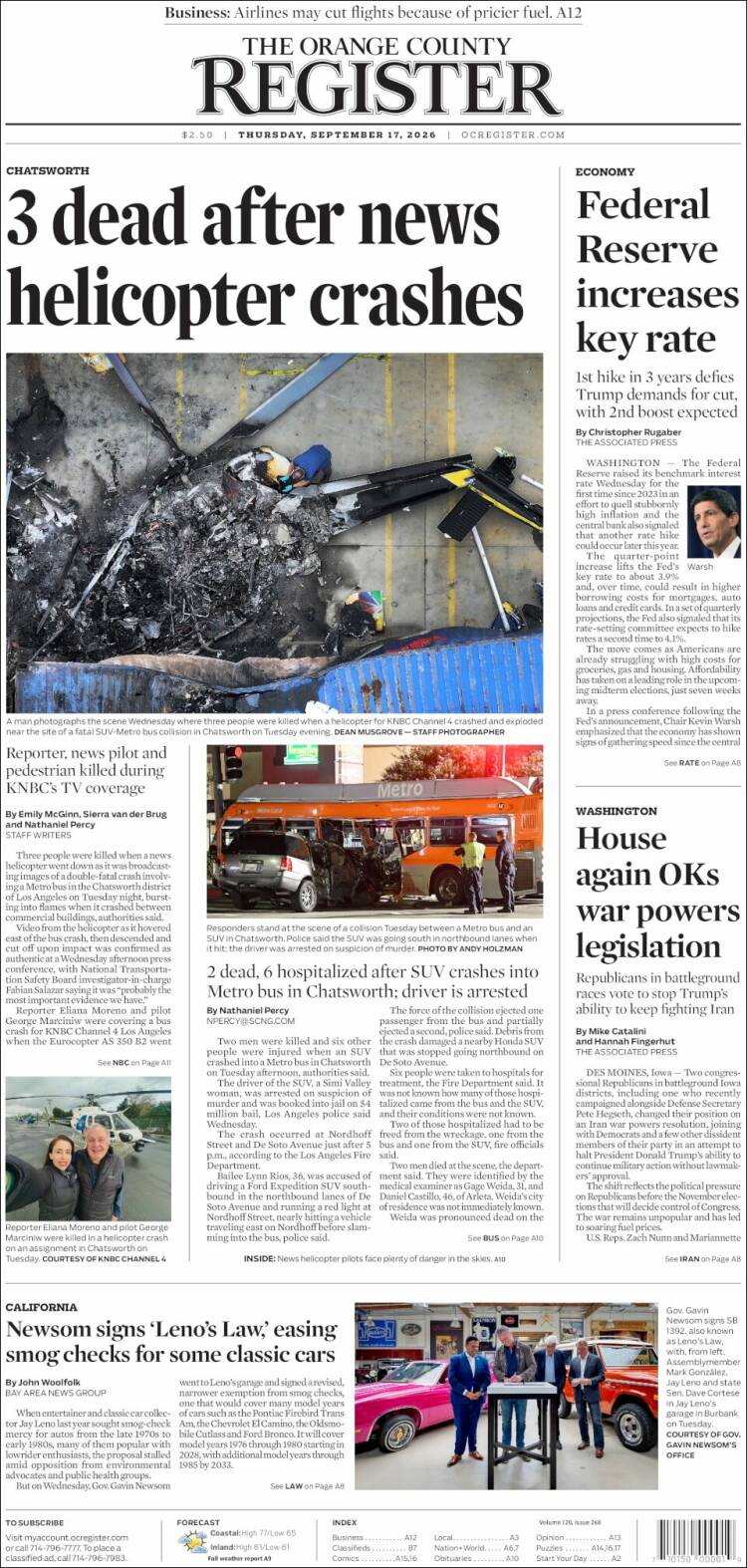 Portada de The Orange County Register (USA)