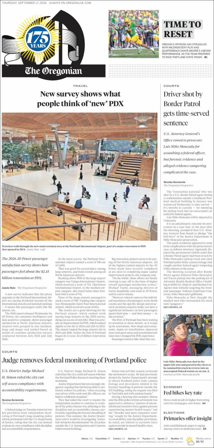 Portada de The Oregonian (USA)