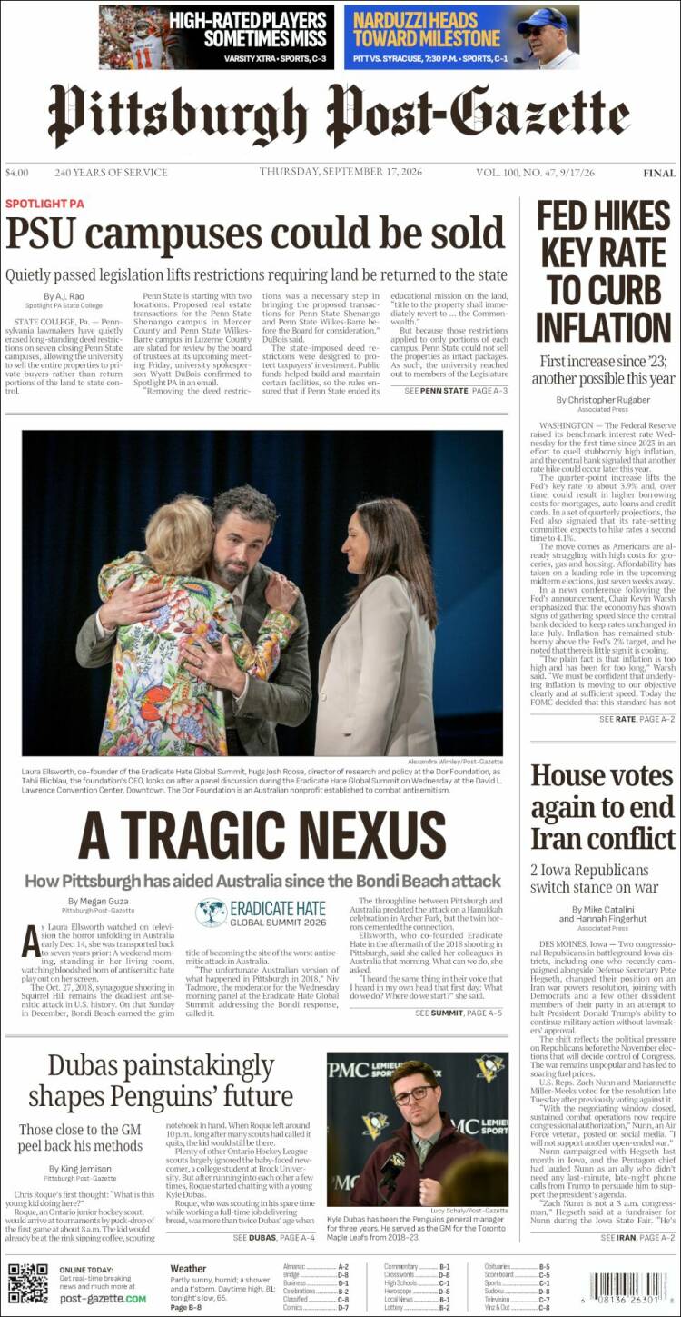 Portada de Pittsburgh Post-Gazette (USA)