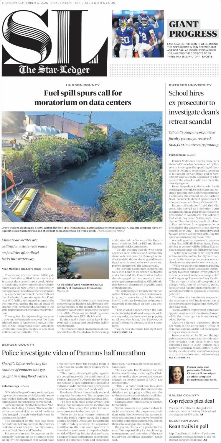 Portada de Star-Ledger (USA)