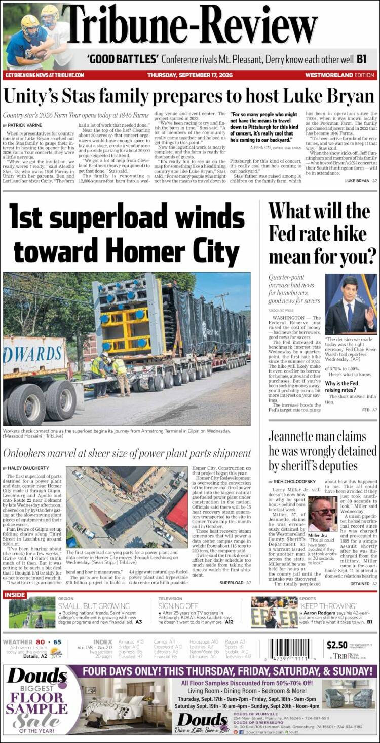 Portada de Tribune-Review (USA)