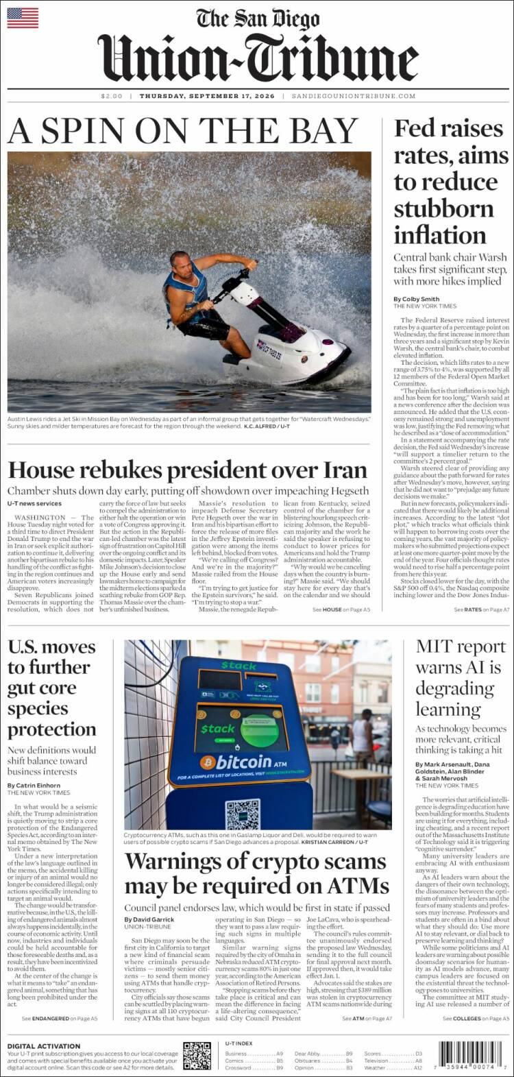 Portada de The San Diego Union-Tribune (USA)