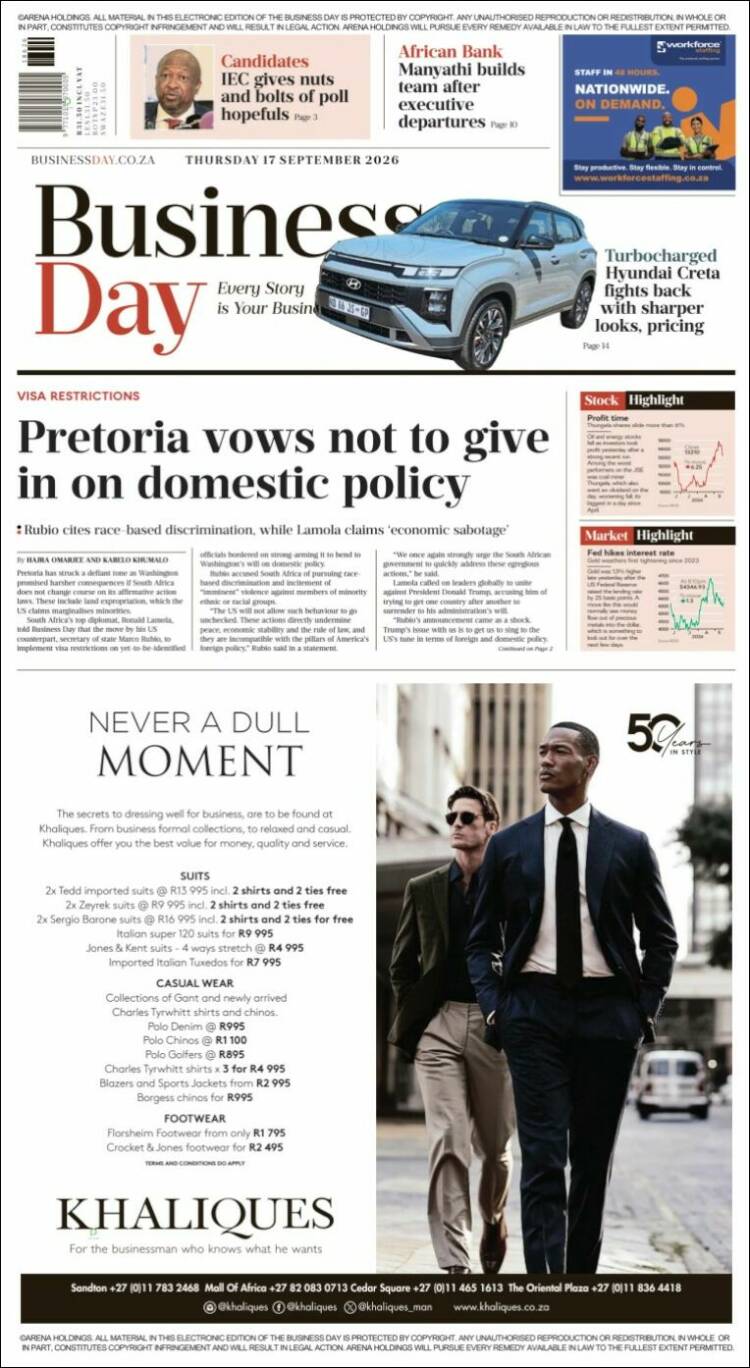 Portada de Business Day (Sud&aacute;frica)
