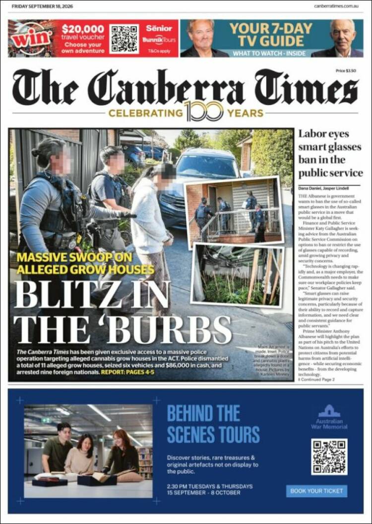 Portada de The Canberra Times (Australia)