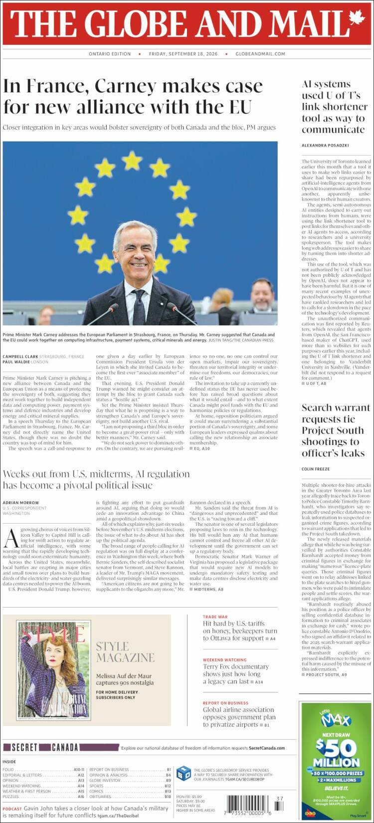 Portada de The Globe and Mail (Canad&aacute;)