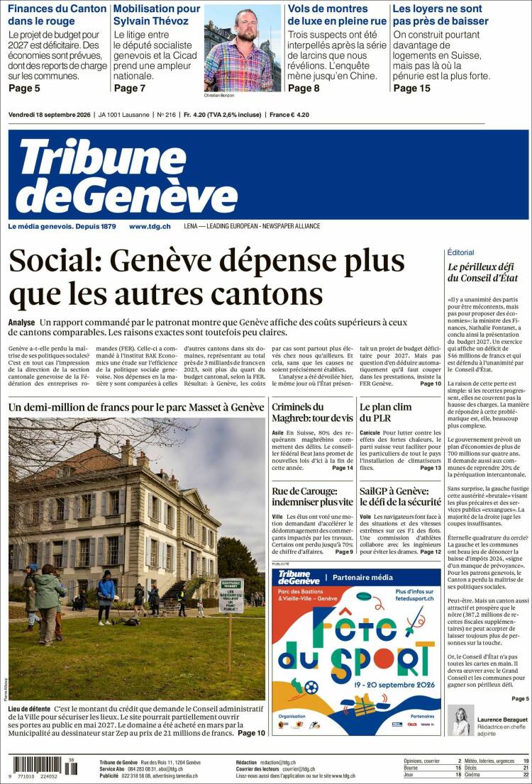 Portada de La Tribune de Genève (Suiza)