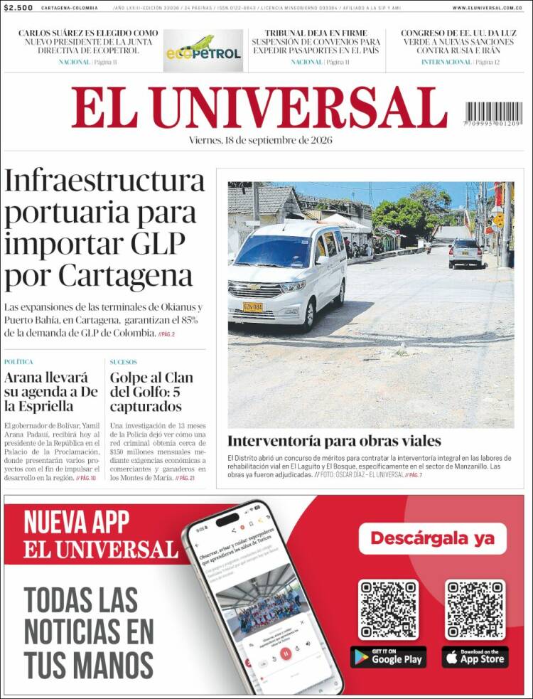 Portada de El Universal (Colombia)