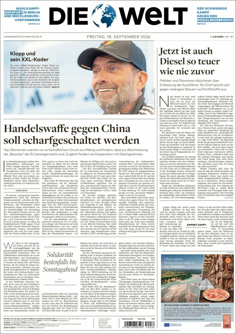 Portada de Die Welt (Alemania)