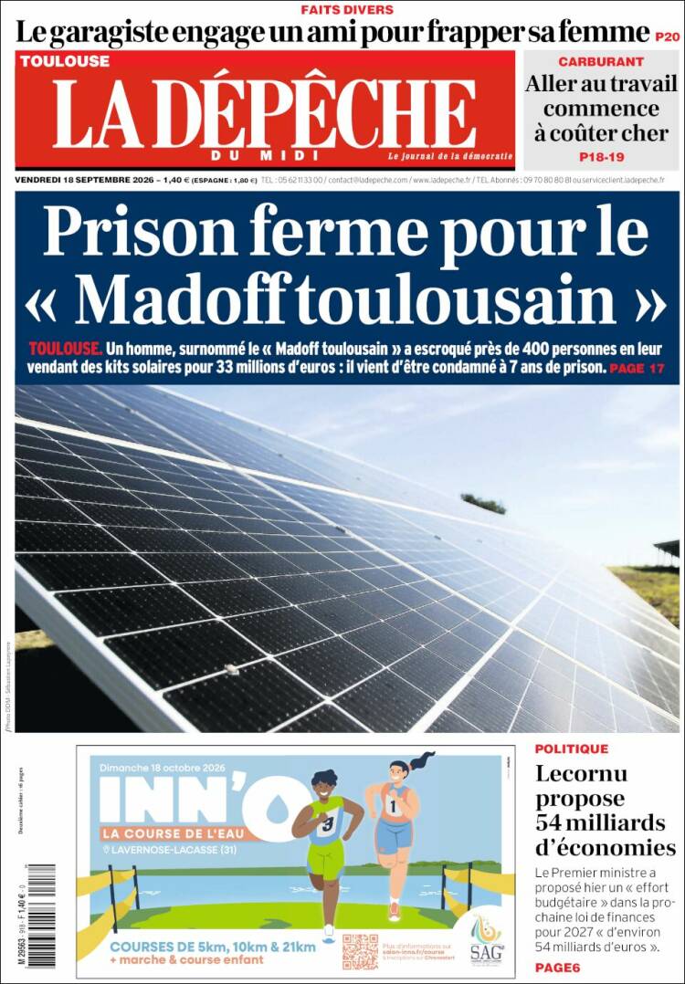 Portada de La Dépêche du Midi (Francia)