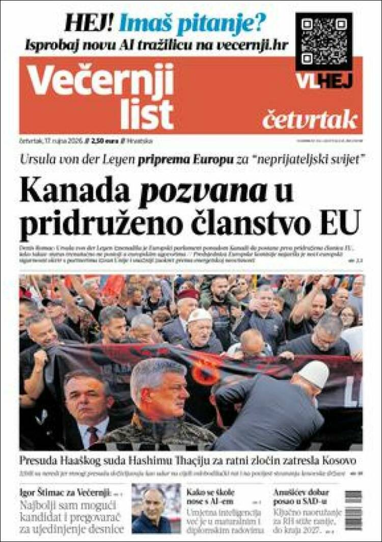 Portada de Večernji (Croacia)