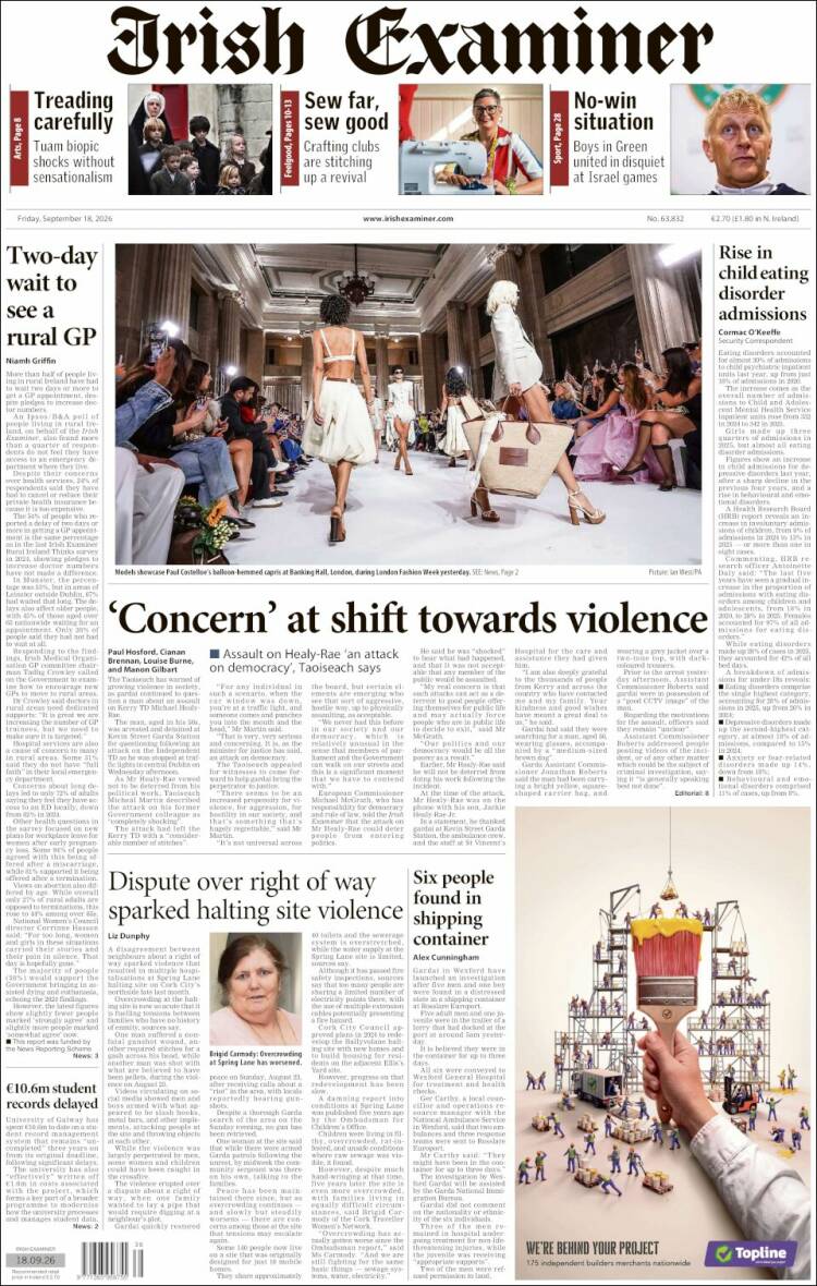 Portada de Irish Examiner (Irlanda)
