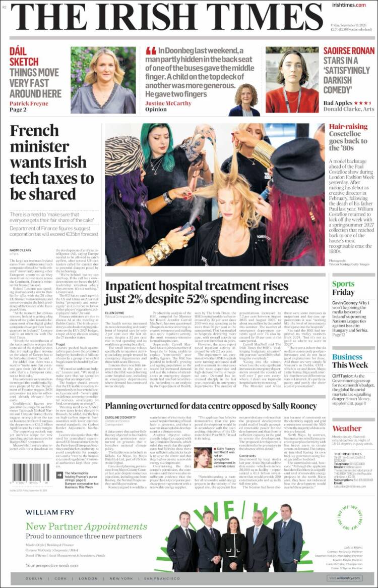 Portada de Irish Times (Irlanda)