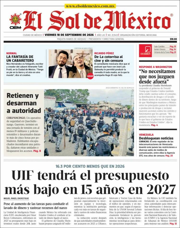 Portada de El Sol de México (M&eacute;xico)