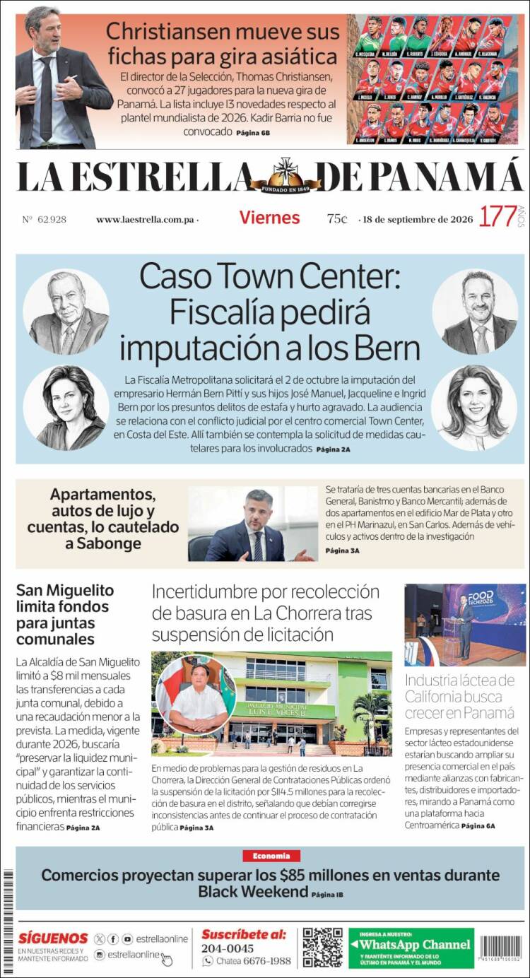 Portada de La Estrella de Panamá (Panam&aacute;)