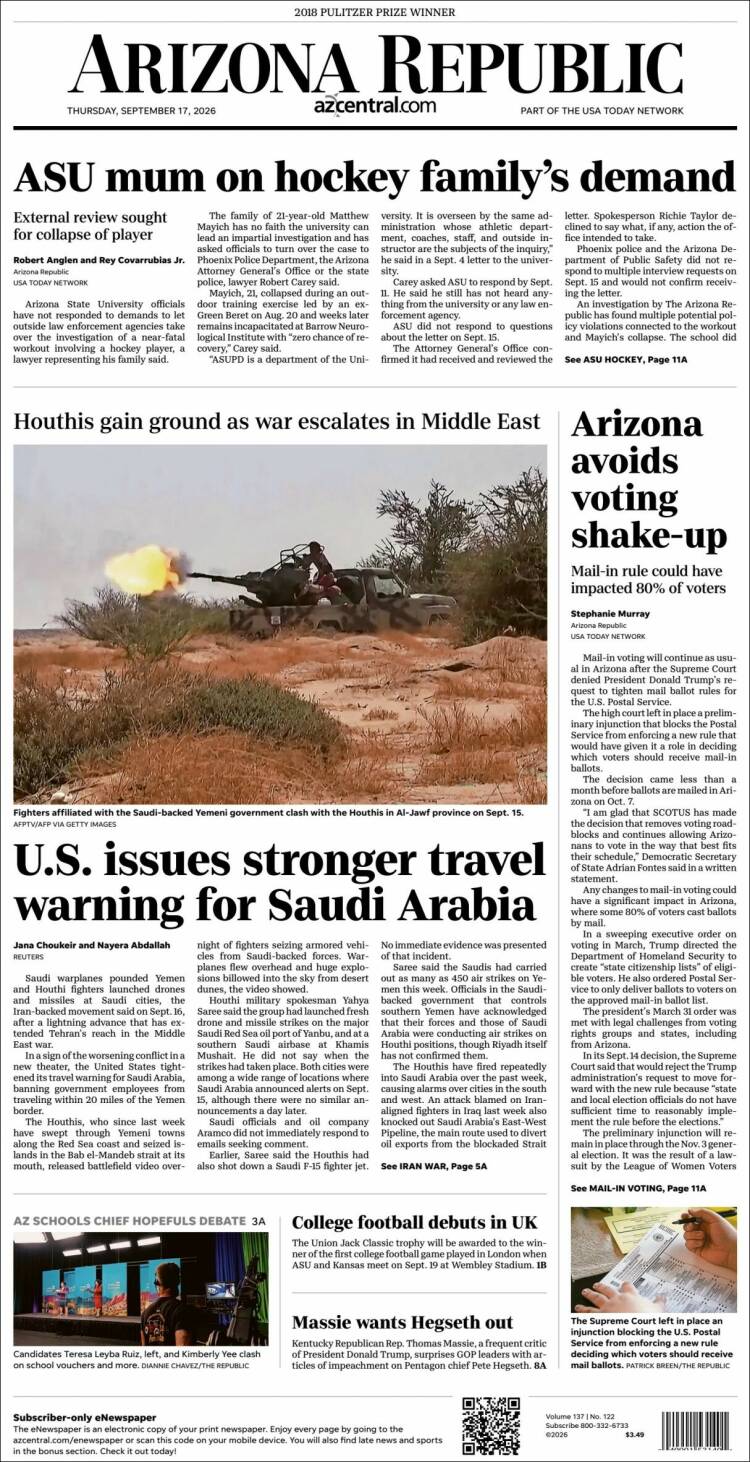 Portada de Arizona Republic News (USA)