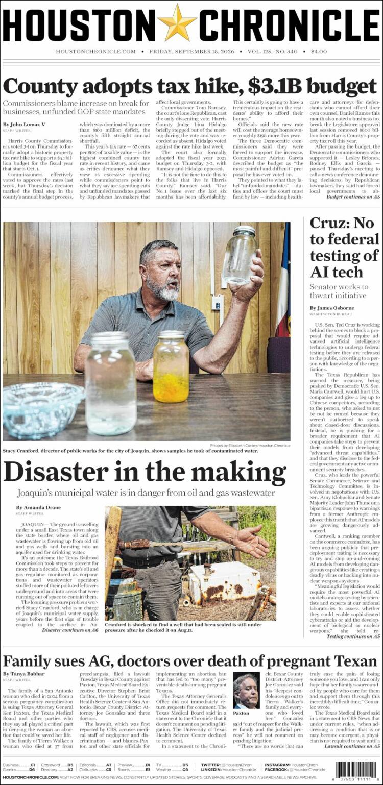 Portada de Houston Chronicle (&Eacute;tats-Unis)
