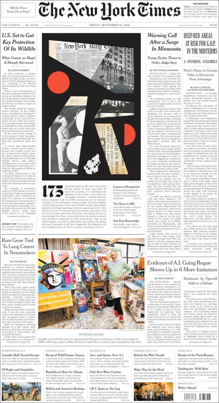 Portada de New York Times (USA)